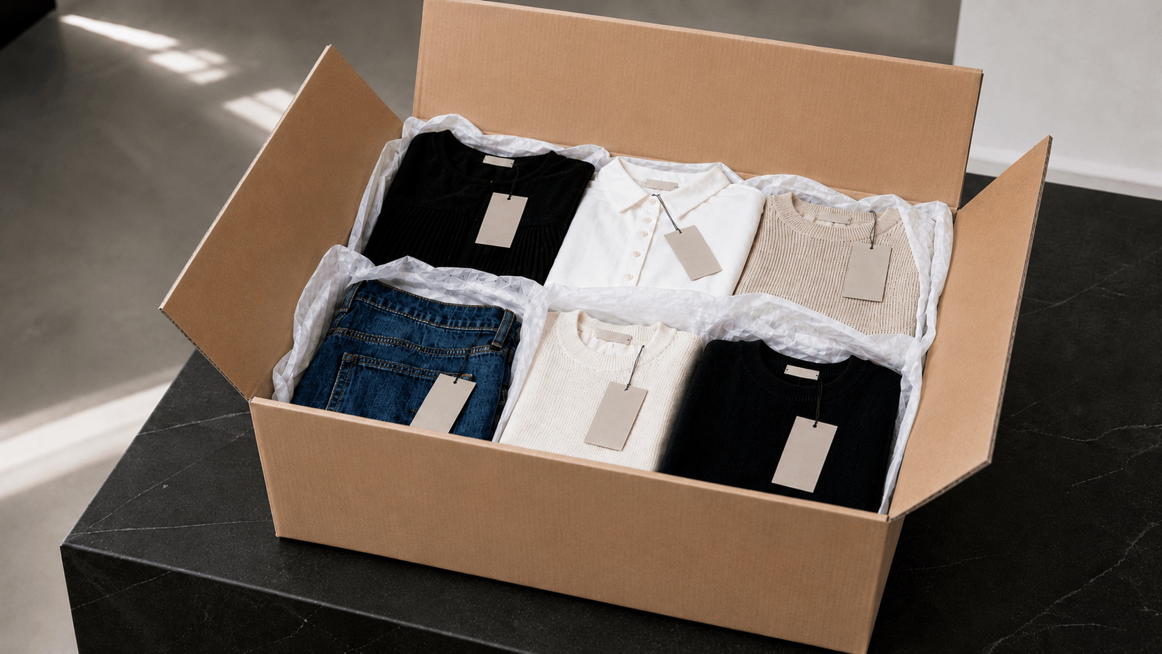 Caja con prendas físicas reales recibidas para una producción concierge de DELFI