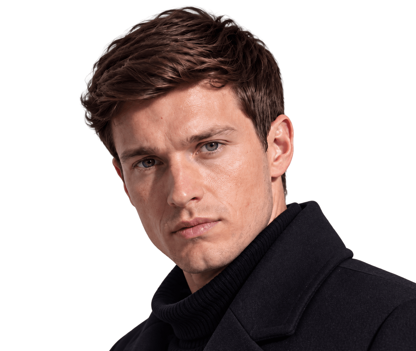 DELFI virtual model in a black jacket and turtleneck for AI fashion photography